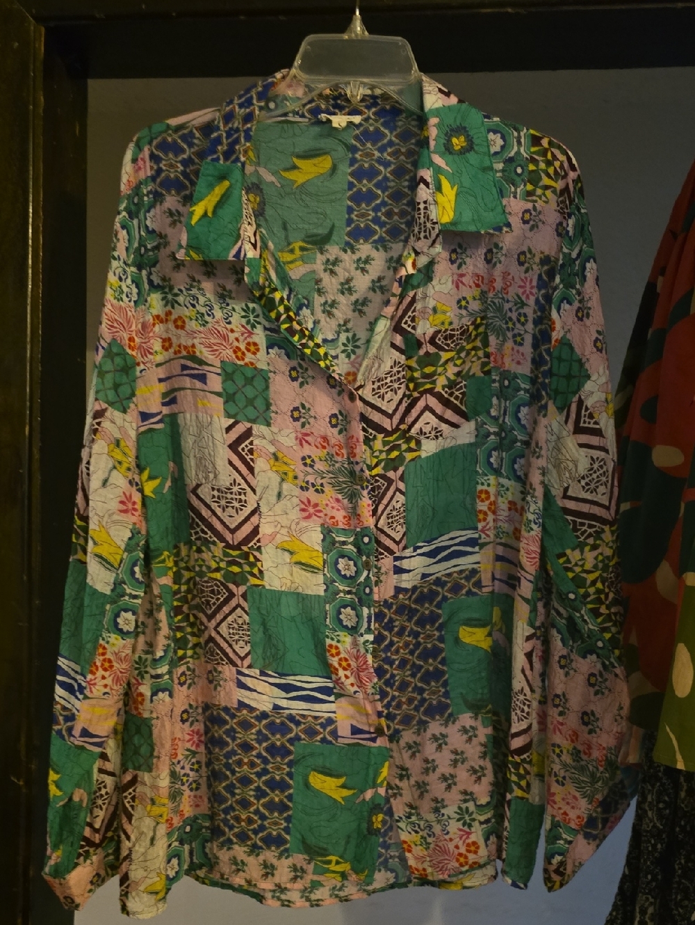 POL Printed Button-Front Top in Green, Blue & Yellow